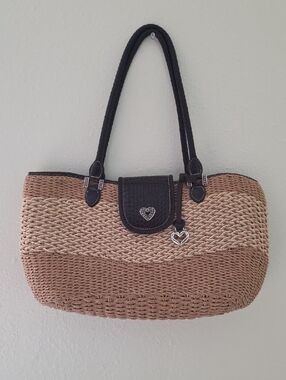 Brighton Woven Straw Tote Bag with Black Trim and Heart Charm